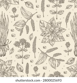 Seamless pattern with herbs and spices: shallots, perilla, origanum vulgare, long pepper. Vector hand drawn illustration.