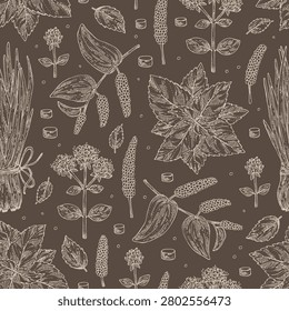 Seamless pattern with herbs and spices: shallots, perilla, origanum vulgare, long pepper. Vector hand drawn illustration.