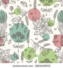 Seamless pattern with herbs and spices: shallots, perilla, origanum vulgare, long pepper. Vector hand drawn illustration.