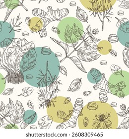 Seamless pattern with herbs and spices: turmeric root, nigella sativa, spinach, perilla. Vector hand drawn illustration.