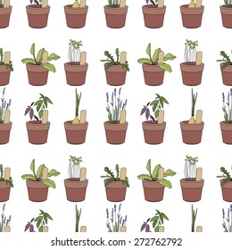 Seamless pattern with herbs and vegetables in flower pots. Endless texture. Simple soft colors, contour.