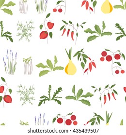 Seamless pattern with herbs and vegetables in flower pots. 