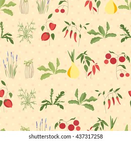 Seamless pattern with herbs and vegetables in flower pots. 