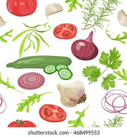 Seamless pattern herbs and vegetables. Tomato, cucumber, onion, garlic, parsley, arugula. Vector illustration.