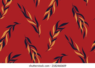 Seamless pattern with herbs in vintage style. Elegant botanical background with dark leaves on branches. Surface graphic design with hand drawn autumn botany. Vector illustration.