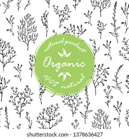 Seamless pattern with herbs and wild flowers and green organic label for cosmetics, beauty products, spa, healthy food, textile design, wallpapers, wrapping paper, home decor. Vector illustration.
