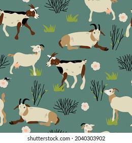 seamless pattern with herd of goats and bushes, vector design for paper, fabric and other surfaces