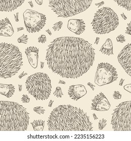 Seamless pattern with hericium erinaceus: piece of lion's mane mushroom, hericium erinaceus mushrooms. Vector hand drawn mushroom illustrations