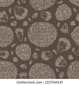 Seamless pattern with hericium erinaceus: piece of lion's mane mushroom, hericium erinaceus mushrooms. Vector hand drawn mushroom illustrations