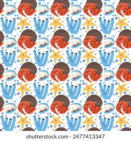 Seamless pattern with hermit crab, starfish and pearl. Baby vector cartoon illustration with sea animals. 