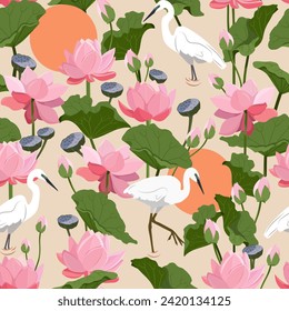 Seamless pattern with heron bird and lotus. Flora and fauna. For decoration of textiles, packaging, wallpaper, web design.