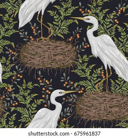 Seamless pattern with heron bird, nest and swamp plants. Marsh flora and fauna. Isolated elements Vintage hand drawn vector illustration in watercolor style