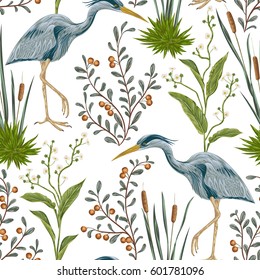 Seamless pattern with heron bird and swamp plants. Vintage hand drawn vector illustration in watercolor style