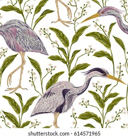 Seamless pattern with heron bird and swamp plants. Vintage hand drawn vector illustration in watercolor style