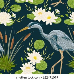 Seamless pattern with heron bird, water lily and bulrush. Swamp flora and fauna. Vintage hand drawn vector illustration in watercolor style