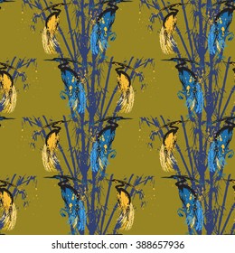Seamless pattern with herons and bamboo. Stock vector illustration.