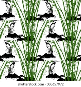 Seamless pattern with herons and bamboo. Stock vector illustration.