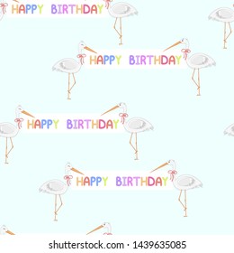 Seamless pattern with herons holding the inscription "Happy birthday". Cartoon style.