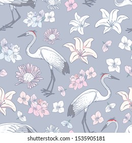 Seamless pattern with herons and light flowers
