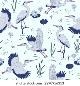 
Seamless pattern with herons on the lake. Vector graphics.