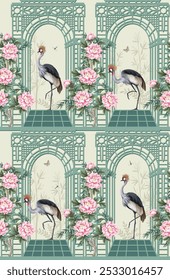Nahtloses Muster mit Reiher, Pfingstrosen und Alkoven im Chinoiserie-Stil. Vektorgrafik
