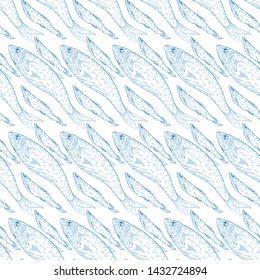 Seamless pattern with herring fish in blue color on a white background. Vector illustration
