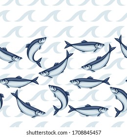 Seamless pattern with herring fish. Pacific sardine. Seafood background.