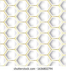 Seamless Pattern Hexagon Shape . 3D realistic with shadow bulging shape and thin gold edge . Vector