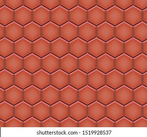 Seamless pattern of hexagon tiled cobblestone pavers. Geometric mosaic street tiles. Red color. Paver Hex block of paving slabs. Editable Vector Illustration