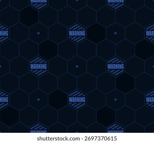 Padrão contínuo grade hexagonal futurista sci-fi com texto de AVISO fundo azul escuro para tema de segurança de tecnologia