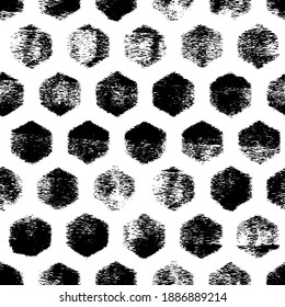 Seamless pattern of the hexagonal netting. Hand drawn geometry hexagon vector texture. Black and white abstract geometric background with imprints. Monochrome grunge retro pattern.