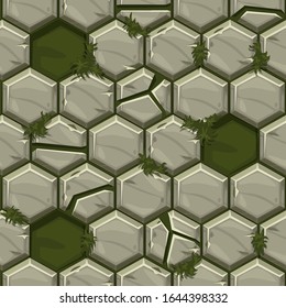 Seamless pattern hexagonal old stone paving texture. Textured background of broken tiles.