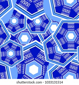 A seamless pattern with a hexagonal ornamental element, chaotically located within a single editing area. Blue tones prevail. Vector illustration