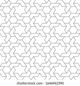 Seamless pattern. Hexagonal, star shapes wallpaper. Ethnic backdrop. Stars, hexagons, figures ornament. Geometric background. Polygons motif. Digital paper, abstract.