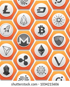 Seamless pattern of hexagonal symbols cryptocurrency. Vector illustration.