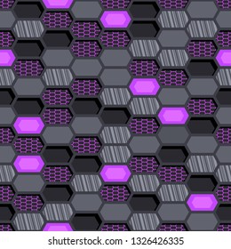 Seamless pattern with hexagonal textured grid in trendy colors. Abstract modern geometric ornament for racing vinyl print and decals. Vector background.