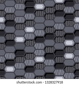 Seamless pattern with hexagonal textured grid in black and white monochrome colors. Abstract modern trendy geometric ornament for racing vinyl print and decals. Vector background.