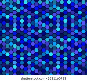 Seamless pattern of hexagonal tiles in various shades of blue forming a vibrant and geometric mosaic design suitable for backgrounds, wallpapers, or textile applications.