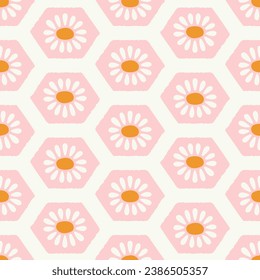 Seamless pattern with hexagons and daisy flowers