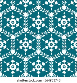 Seamless pattern of hexagons with floral ornament in the center and borders of flowers inspired by Turkish ceramics. Decorative Islamic monochrome print for textile. Vector Illustration.
