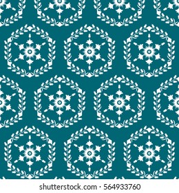 Seamless pattern of hexagons with floral ornament in the center and borders of tulip flowers inspired by Turkish ceramics. Decorative Islamic monochrome wreath print for textile. Vector Illustration.
