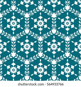 Seamless pattern of hexagons with floral ornament in the center and borders of flowers inspired by Turkish ceramics. Decorative Islamic monochrome print for textile. Vector Illustration.