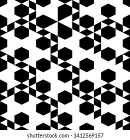 Seamless pattern. Hexagons, rhombuses, triangles, figures ornament. Geometrical backdrop. Abstract background. Polygons wallpaper. Digital paper, textile print, web design. Vector.