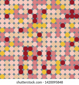 Seamless pattern. Hexagons and squares constructed in rows. Chaotic motley coloring. Nice color combinations. For fashion items and design.