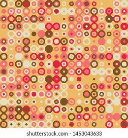 Seamless pattern. Hexagons and squares constructed in rows. Chaotic motley coloring. Colors selected for harmonious perception.