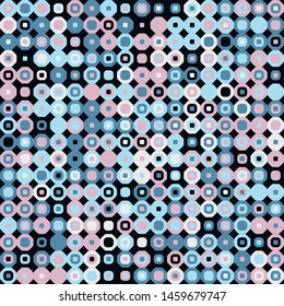 Seamless pattern. Hexagons and squares constructed in rows. Chaotic motley coloring. Pleasant color combinations for eyes.