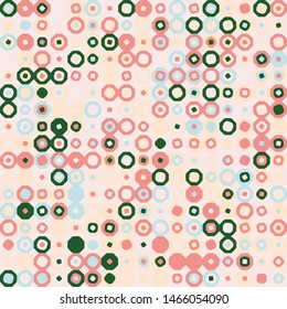 Seamless pattern. Hexagons and squares constructed in rows. Chaotic motley coloring. Colors selected for harmonious perception.