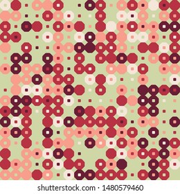 Seamless pattern. Hexagons and squares constructed in rows. Chaotic motley coloring. Balanced colors. Fashionable shades.