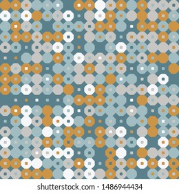 Seamless pattern. Hexagons and squares constructed in rows. Chaotic motley coloring. Balanced colors. Fashionable shades.