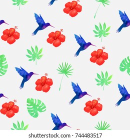 seamless pattern of a hibiscus or Chinese rose and hummingbird on a beautiful light background